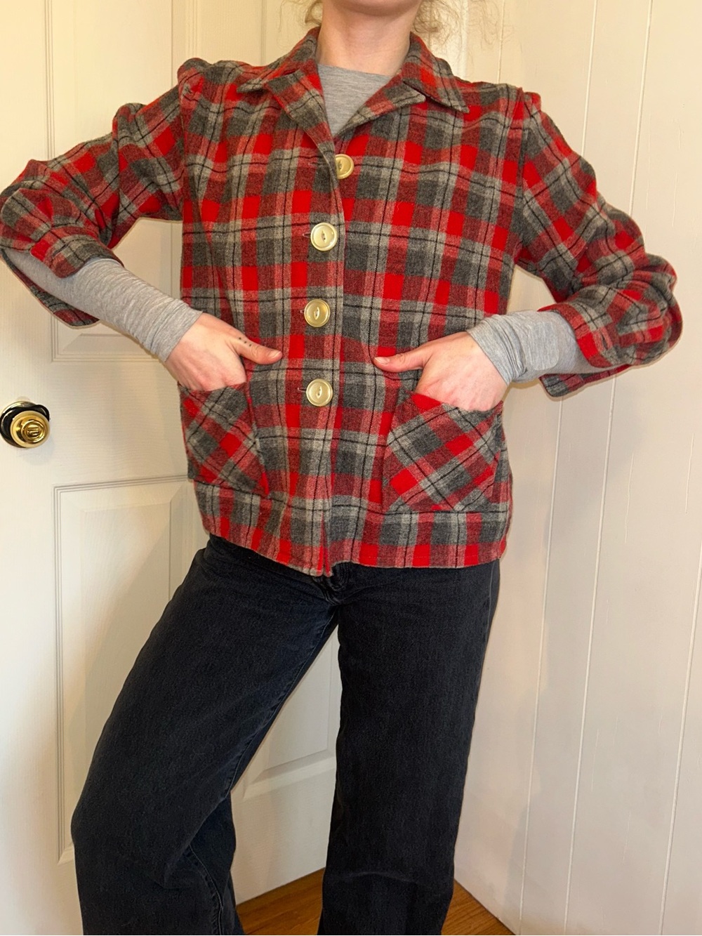 Vintage Red Gray Plaid Wool Flannel Shirt Jacket